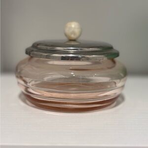 Vintage pink glass jar with metal lid